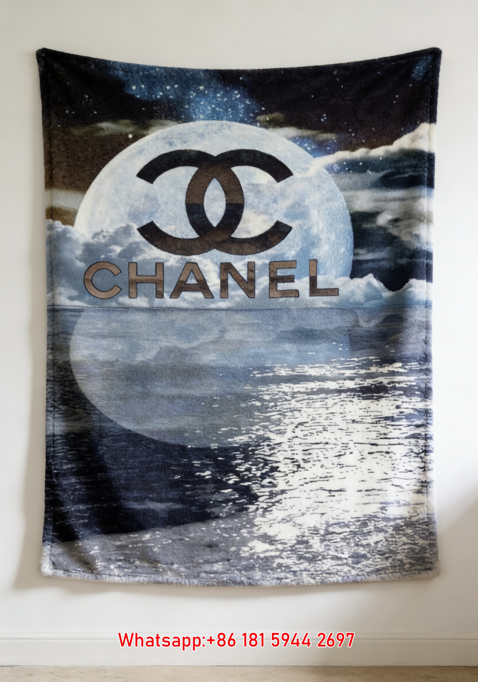 Luxury Chanel Bronze CC Logo Flannel Throw Blanket  Moonlit Ocean Starry Sky Print IMG_7216
